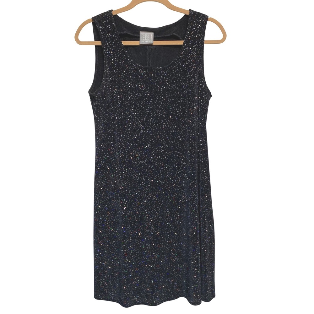 VTG 90s Rabbit Rabbit Designs Sparkle Shift Dress 12P Black Holographic Glitter‎